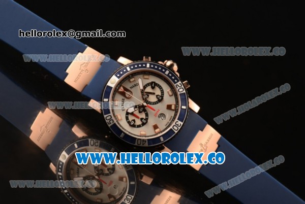 Ulysse Nardin Maxi Marine Diver Chronograph Miyota OS20 Quartz Rose Gold Case with Silver Dial White Markers and Blue Rubber Strap - Click Image to Close